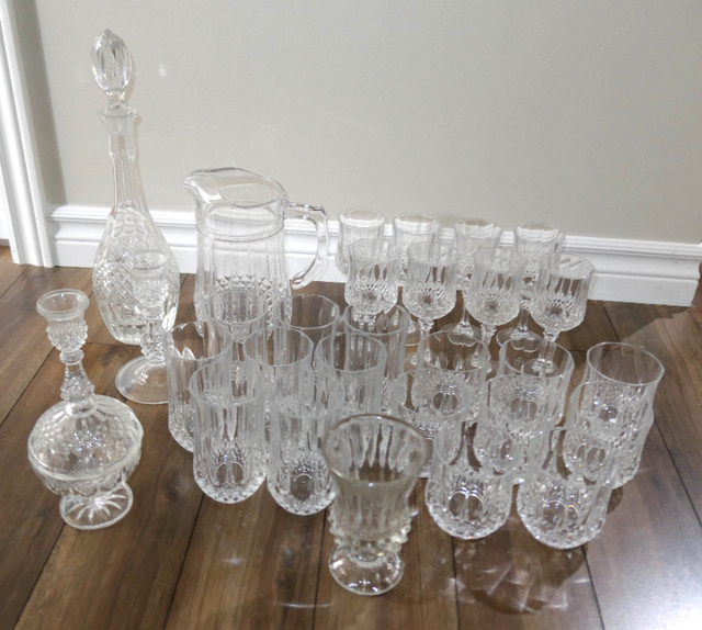 30 Crystal Glasses, Decanter, Candle holders etc in Kitchen & Dining Wares in Barrie