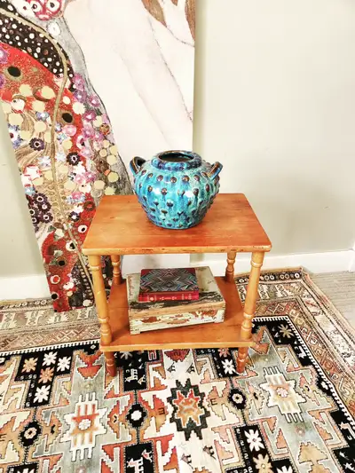 VINTAGE solid wood Side Table or plant stand with Two Shelves, View more
