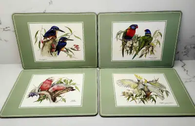 Set of 4 vintage Pimpernel placemats featuring various Australian bird designs, including the Azure...