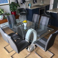 7 pc New Dining Package Glass Top Grey Chairs