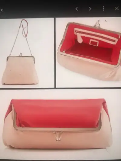 This is a vintage Christian Louboutin purse with a unique clasp and chain. The exterior is light pin...