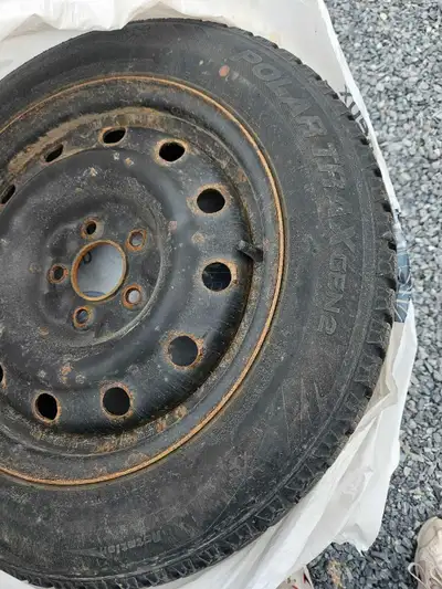 These are Polar Trax winter tires mounted on a steel rim, perfect for providing traction and safety...