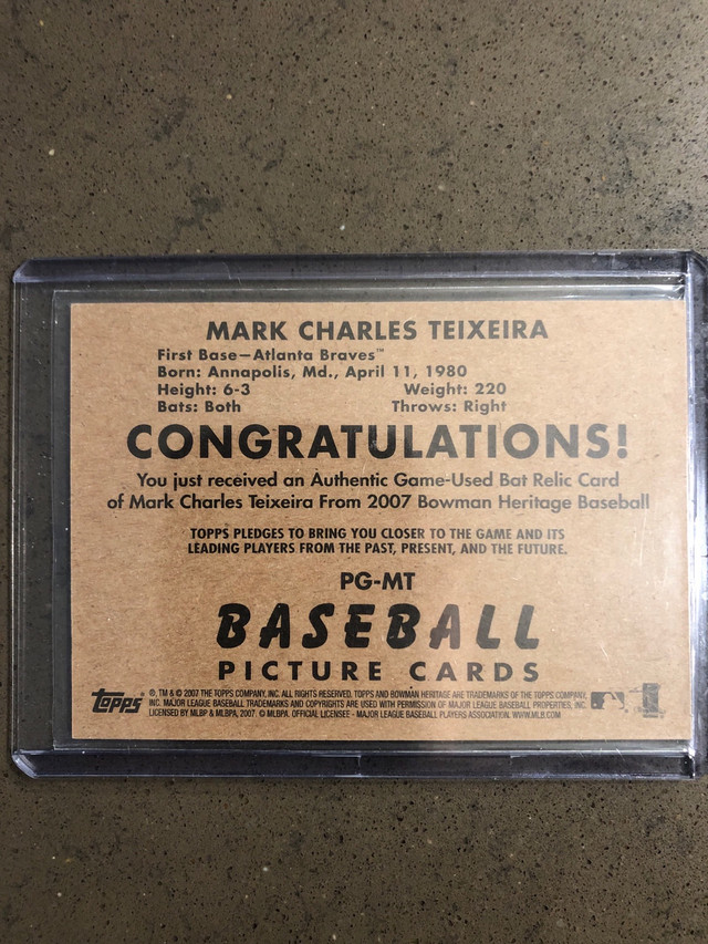 Mark Teixeira Pieces of Greatness Card in Arts & Collectibles in Markham / York Region - Image 2
