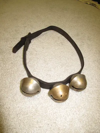 ANTIQUE SLEIGH BELLS - 3 on Leather Strap with Buckle, View more