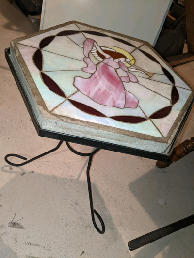 Concrete, stain glass, side table with metal base, View more