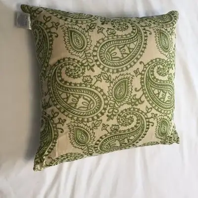 Decor/accent pillow in natural linen colour with green embroidered paisley design. Just gorgeous! hi...