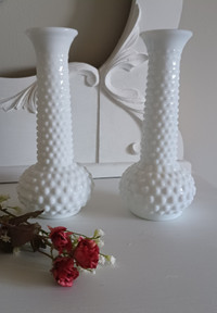Vintage, Milk Glass Hobnail, Bud Vases, Set of 2