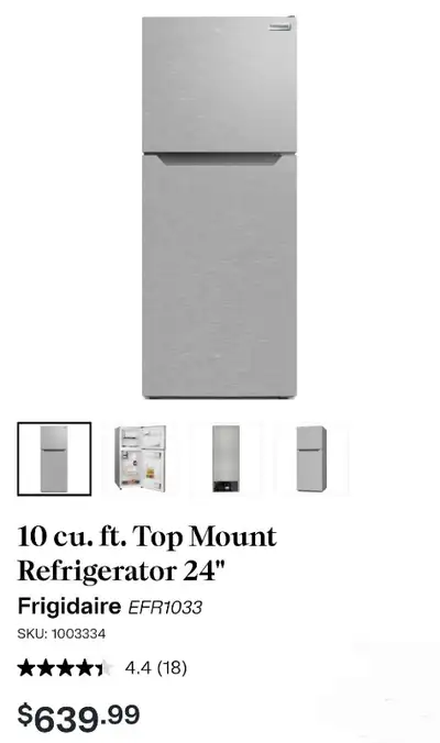 NEW PLATINUM 10 cu. ft Fridgidaire Top Mount Refrigertor, View more