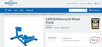 1,000 lb Motorcycle Wheel Chock $80 each, used 2 times and you don't pay tax.