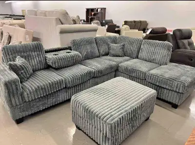 Gray Thick Corduroy Sectional Sofa with Storage Ottoman , View more
