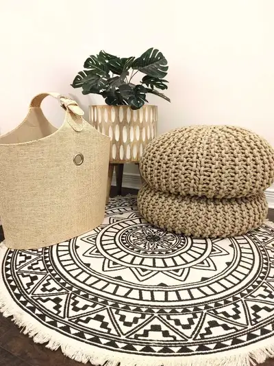 Ottoman Poufs (beige wicker rattan style, 2), View more