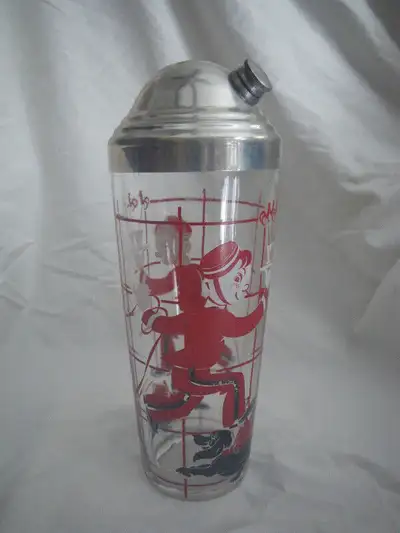 Antique 1930 red bellhop cocktail shaker; verre à mélanger/mixer, View more