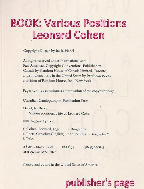 Various Positions – a life of Leonard Cohen by Ira Nadel in Non-fiction in City of Toronto - Image 4