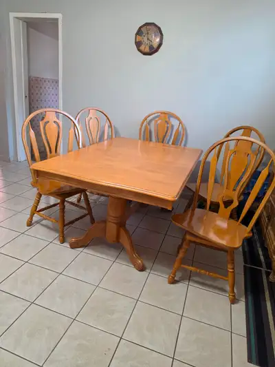Oak dining room table with 5 chairs, View more