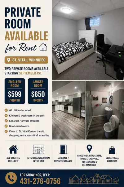 2 Private Rooms Available – St. Vital, Winnipeg Available September 1st. • Smaller room: $599/month...