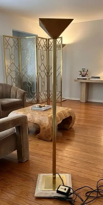 1970s Floor Lamp in Brass Parquet on Travertine Base, View more