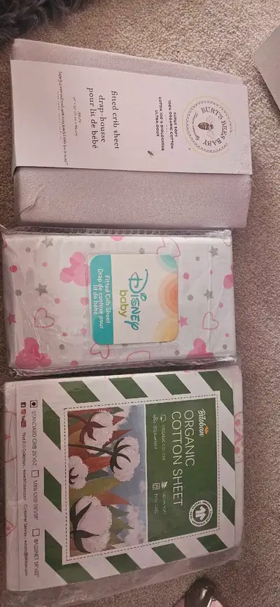 Burts bees crib sheet 100% organic cotton ($50 new ) Disney baby Minnie mouse crib sheet Pink hearts...