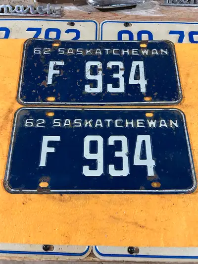 Matching pair 1962 Saskatchewan farm license plate $150 phone or text 306-960-2052