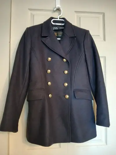 Zara Manteco navy blue buttoned pea coat, size medium (M), View more