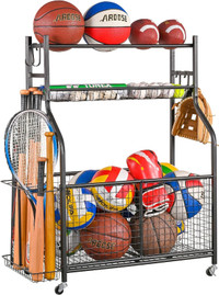 Garage Sports Equipment Organizer, Ball Storage with Hooks