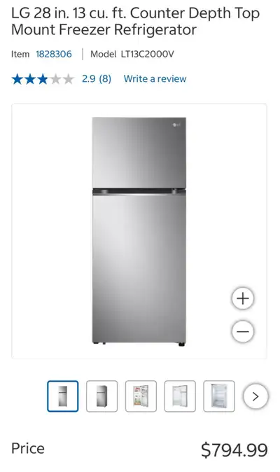 LG 28" 13 cu. ft. Counter‑Depth Top‑Mount Freezer Refrigerator, View more