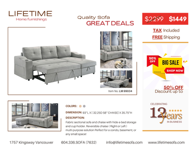 Fabric sectional sofa and chaise with hide-a-bed Storage, View more