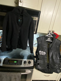 Motorcycle vest (padded) with Kevlar hoodie and black helmet 