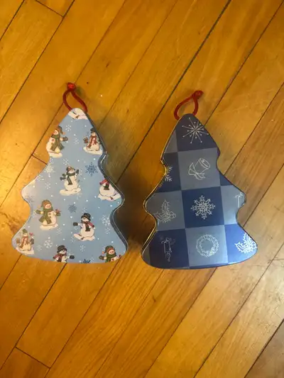 2 DECORATIVE XMAS TREE  TINS with LIDS, View more