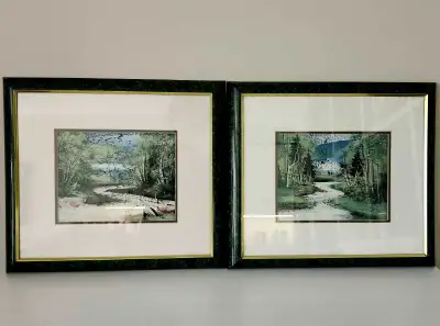 2 framed prints of nature scenes. Textured 3D effect. Attractive green/teal tones. 17"×15"