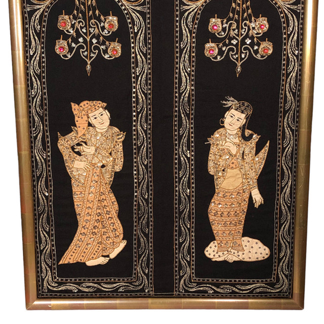 Mid Century Burmese Kalaga Tapestry Dancing Couple Gold Leaf in Arts & Collectibles in La Ronge - Image 3