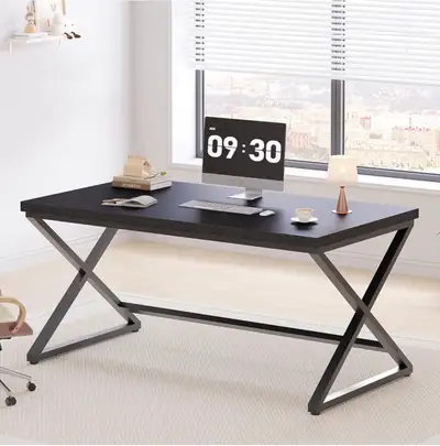 Black Modern Desk Wood Metal Workstation Black Oak, 55", View more