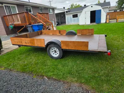 7' wide. 11.5' long. In great shape. No rust. Axle is good. Tires are like new. Decking is good. Has...