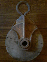 Antique wood and cast iron pulley  (very early )for sale org. co