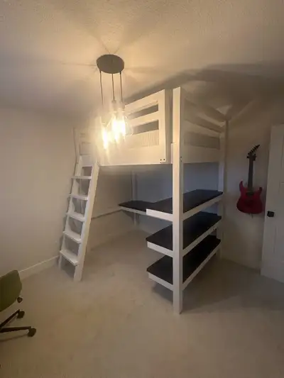 Platform bed with shelves and desk, View more