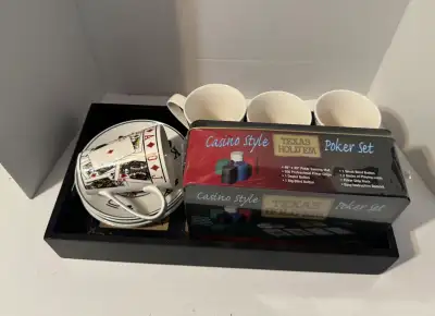 Spruce up your game nights with this new poker set and a set of card-themed mugs and plates! This se...
