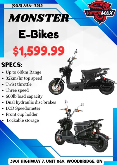 Monster E-BIKE - SUMMER SALE - while quantities last!! $1599!!!, View more