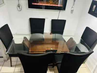 Glass Dining Table with Wood Base and Six Chairs, View more