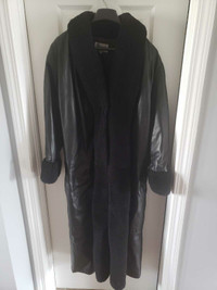 Size 12 Full Length Genuine Leather Coat with Faux Fur Trim
