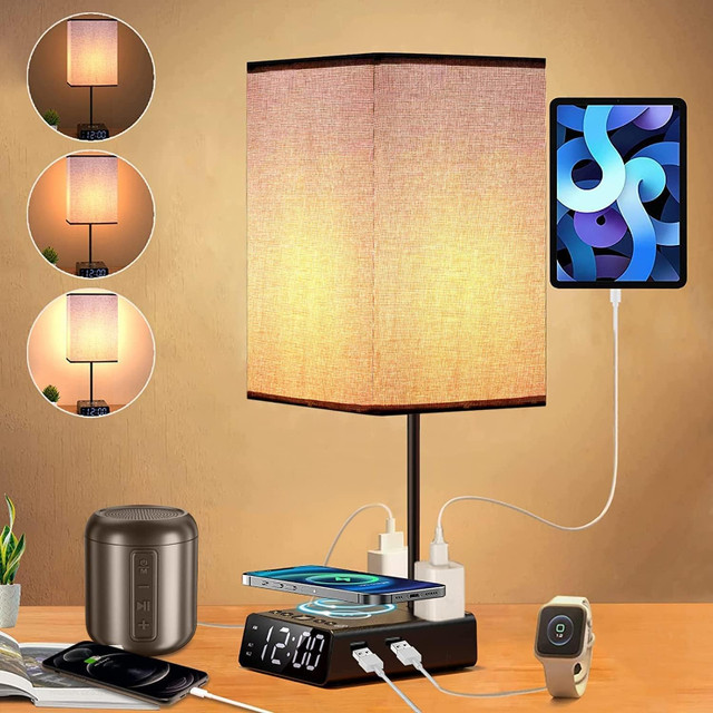 Large Dimmable Bedside Lamp with USB Ports, AC Outlets, Wireless in Indoor Lighting & Fans in Edmonton