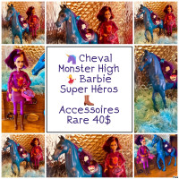 Cheval Monster High bleu et Barbie super héros Rare 40$