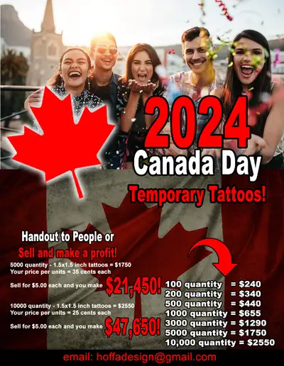 Canada Day and Custom Temporary Tattoos Goes on with water lasts 7-14 days and can be taken off anyt...