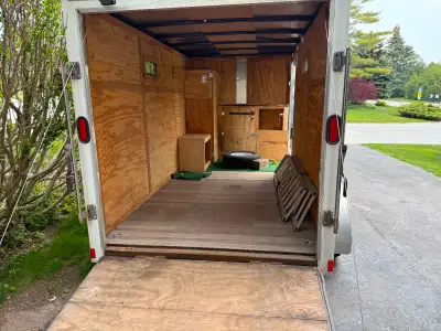 12x6 trailer. Rounded nose. Storage built in the nose. Windows have been added. Hydro plug in added...