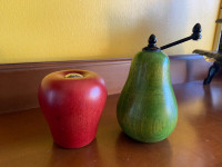 Vintage Wooden Red Apple Salt Shaker Green Pear Pepper Grinder.
