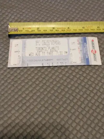 1993 Toronto Planets vs St. Louis Vipers unused ticket, Roller Hockey International. Box 9. I will s...