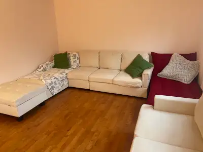 Beautiful sectional $250 Matching couch $100 White leather coffee chairs $100 each Table $150 Queen...