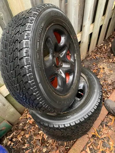 set of two TOYO tires Mounted on steel rim with bolt pattern 5x114.3mm. Centre bore 57mm. No damage...