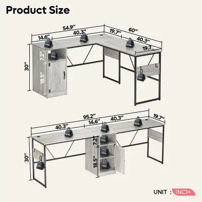  Reversible 60"W Corner Computer Desk With Storage Cabinet, View more
