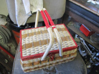 1970s WICKER CANE 2 HANDLE SEWING BASKET $20. VINTAGE SEW KNIT