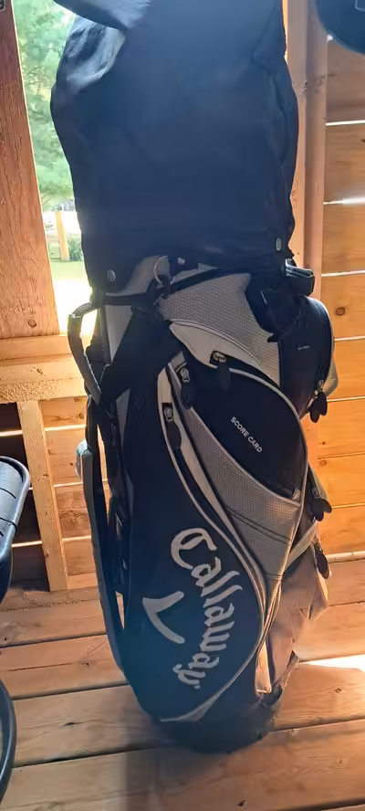 Includes clubs,bag,balls,tees,gloves, shoes (size 9 1/2),towel, ball retriever, very good condition.