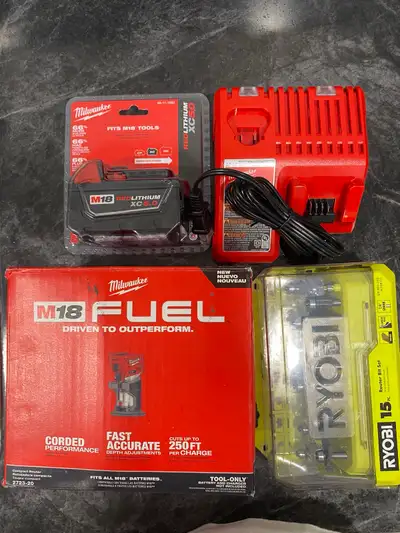 New Milwaukee M18 Fuel Compact Router Kit with Ryobi Router Bits, View more